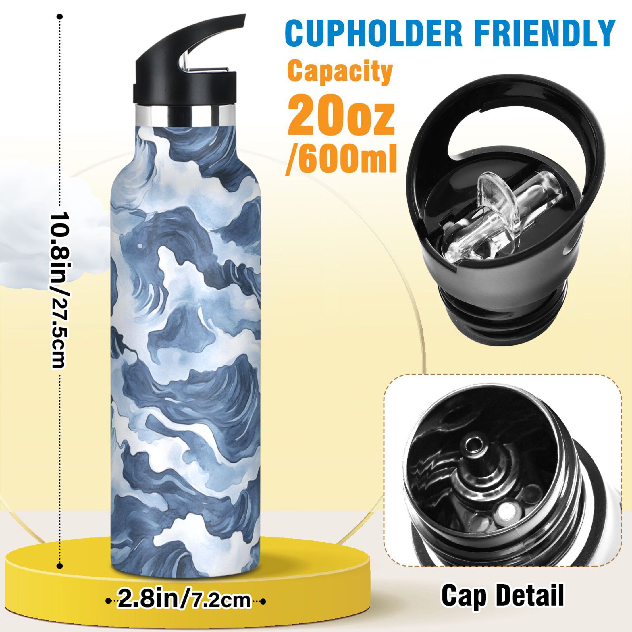 Kids Insulated Stainless Steel Sports Water Bottle 600ml (20oz) Watercolor Waves