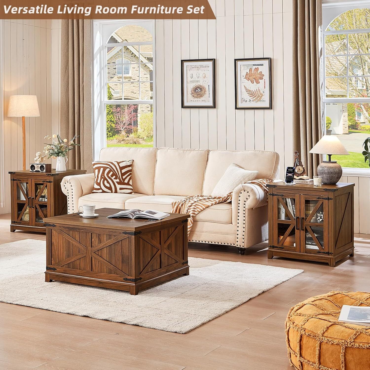Joaxswe 3-Piece Coffee Table Set with Flips-up Rectangular Coffee Table and 2 End Tables with Charging Station, Hidden Storage and Modern Design for Living Room, Brown