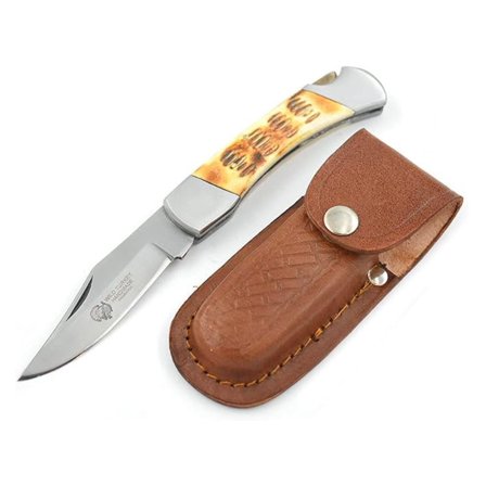 Collection Everyday Carry Lock Back Manual w/Leather Sheath - Smooth One Hand Red Color Bone Handle Pocket Knife (Burn Bone)