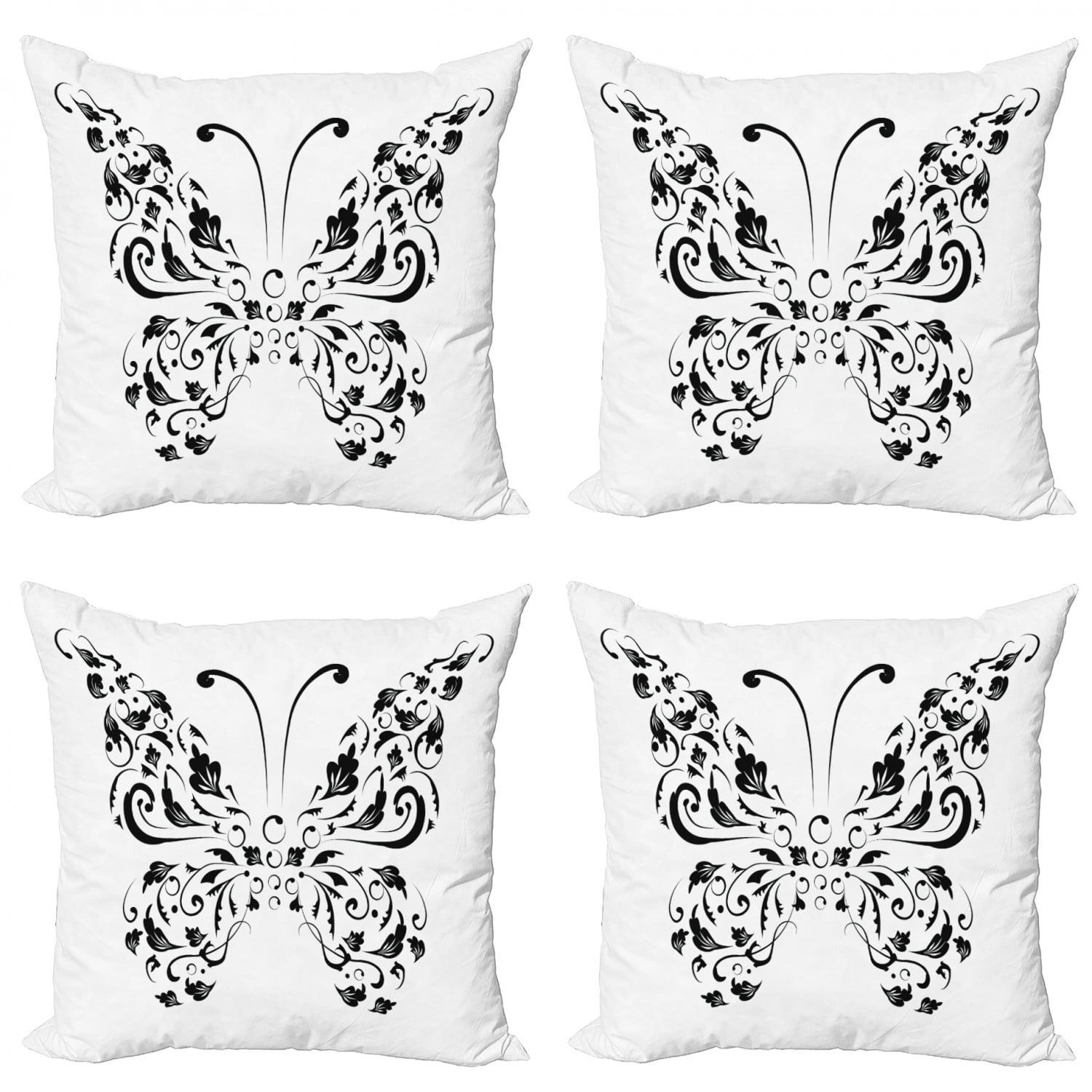 Butterfly Throw Pillow Cushion Case Pack of 4, Silhouette of Moth with Swirl Floral Blossom Line