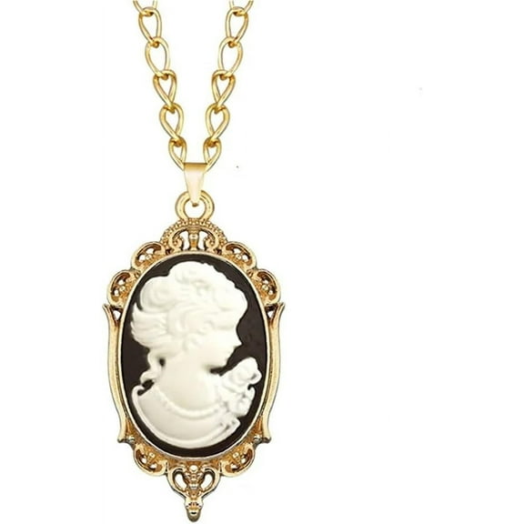 Lady Cameo Necklace Enamel Medal Necklace,Crown Lady Maiden Cameo Necklace,Vintage Cameo Jewelry Women