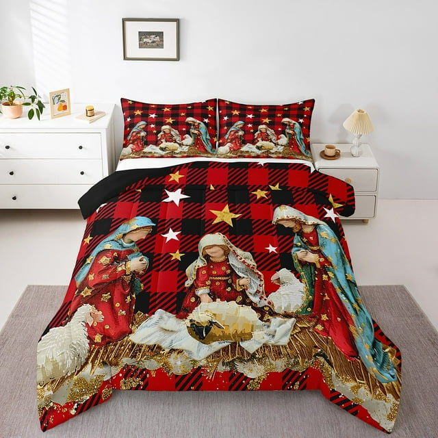 YST Religious Holy Night Bedding Nativity Scene Comforter Set, Christmas Bedding Comforter Sets For Christian Winter Holiday Duvet Insert Black And Red Buffalo Grid Check Quilt Full Size