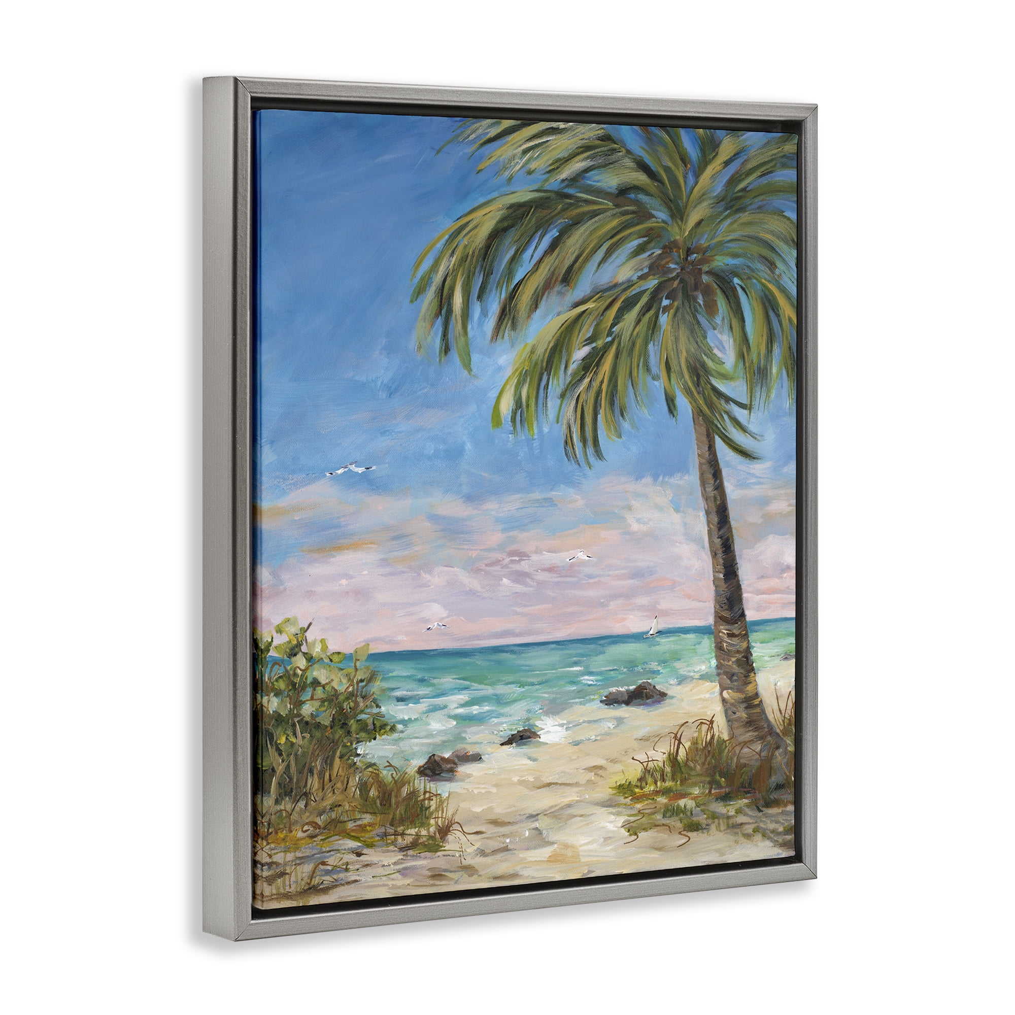 Stupell Industries By the Single Palm Coastal Painting Gray Floater Framed Canvas Art Print Wall Art, 25 x 31