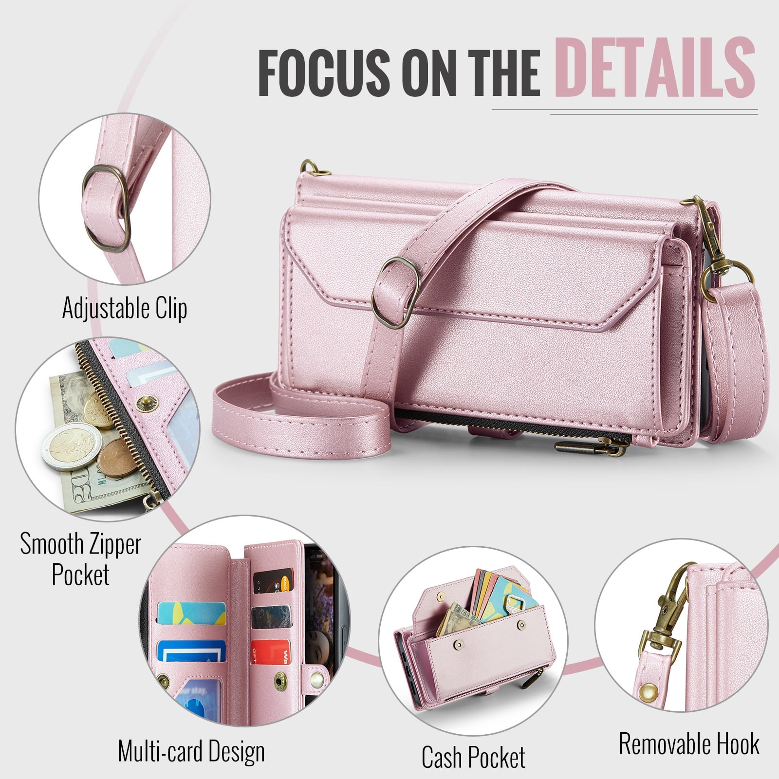 Asuwish Compatible with iPhone 17 6.3 inch Zipper Wallet Phone Case Tempered Glass Screen Protector Crossbody Lanyard Strap Flip Card Holder Slot Cell Cover for i Phone17 i17 17Case Women Rose Gold