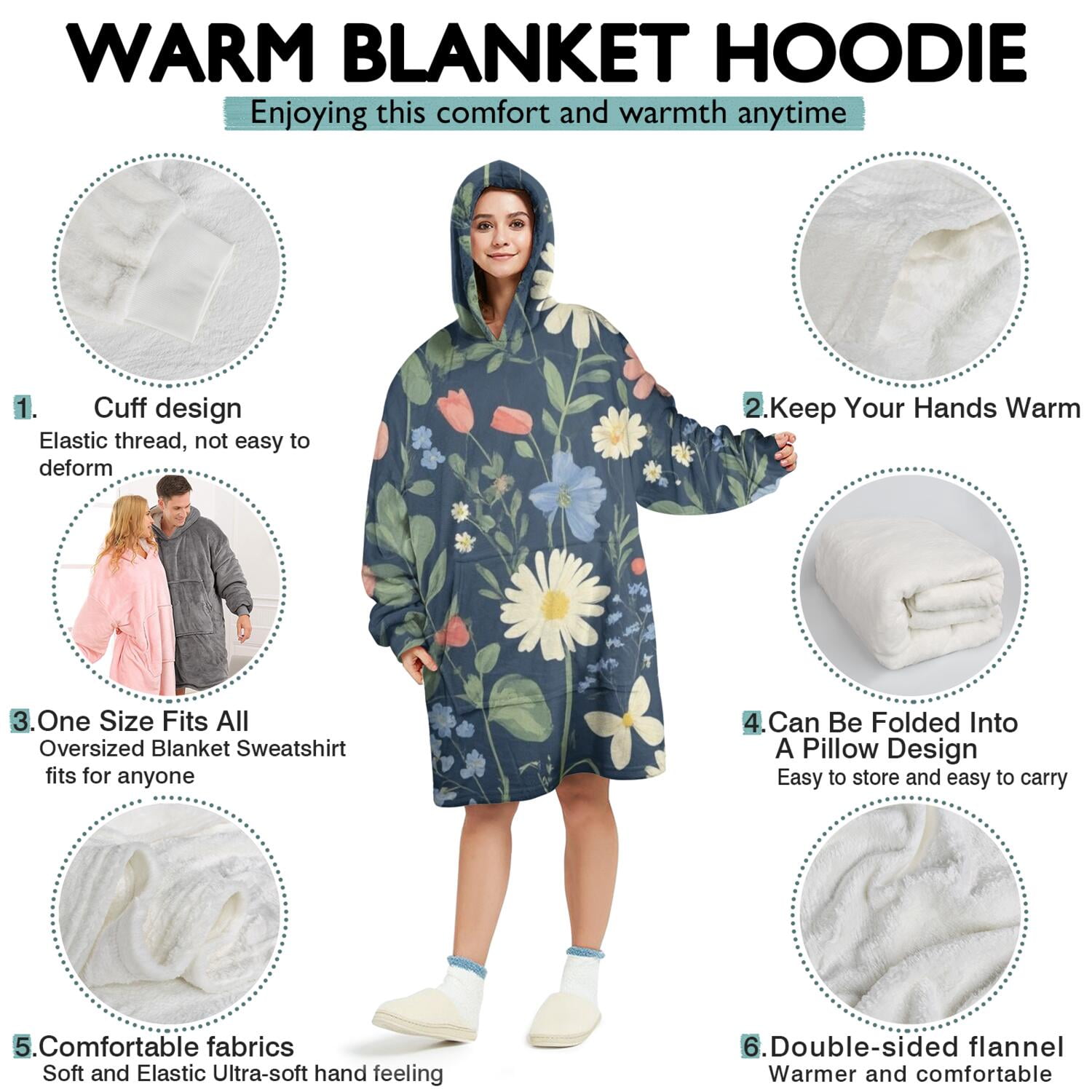 Wearable Oversized Blanket,Pioneer Flower Floral Print Pattern Wearable Blanket Hoodie for Adults,Cozy Hooded Blankets with Super Pockets,Super Warm Fuzzy Pullover for Women & Men