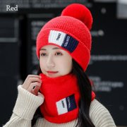 Autumn and Winter Thick Plush Two-piece Scarf Warm Hat Pom Pom Cap Knitted Hat RED