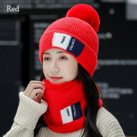 Autumn and Winter Thick Plush Two-piece Scarf Warm Hat Pom Pom Cap Knitted Hat RED