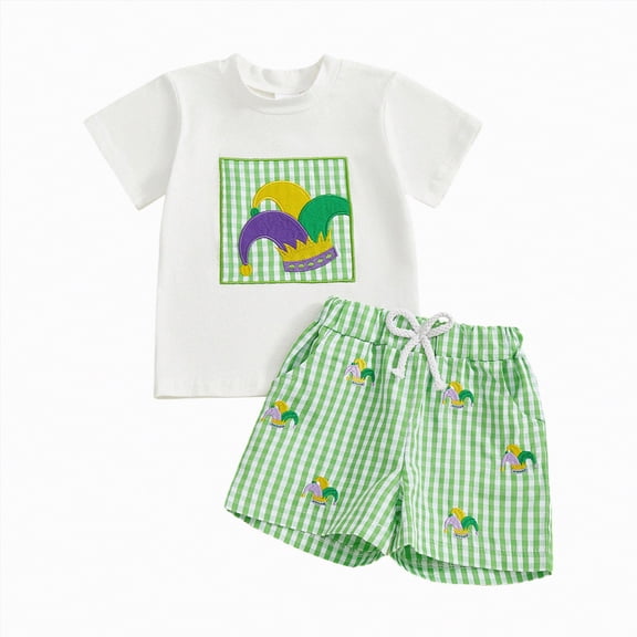 CAICJ98 Baby Boy Mardi Gras Outfit Embroidery Short Sleeve T Shirt and Plaid Shorts Toddler 2 Piece Carnival Summer Clothes Set (Green,2-3 Years)