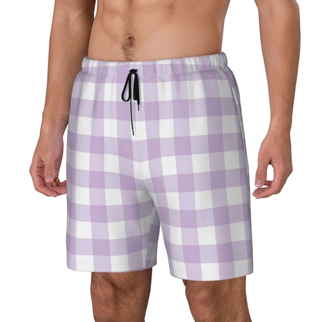 Kdxio Purple Checkboard Print Mens Swim Shorts with Mesh Lining, Breathable and Quick-Drying, Adjustable Waist, Privacy Pocket-Small
