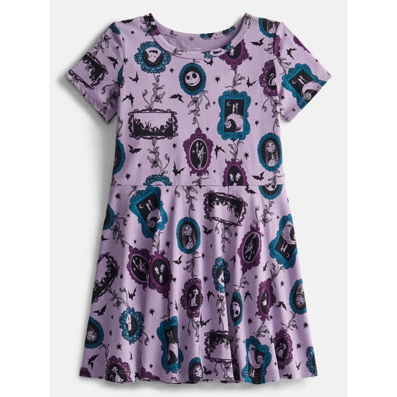 The Nightmare Before Christmas Girls Print Skater Dress with Short Sleeves, Sizes 4-12