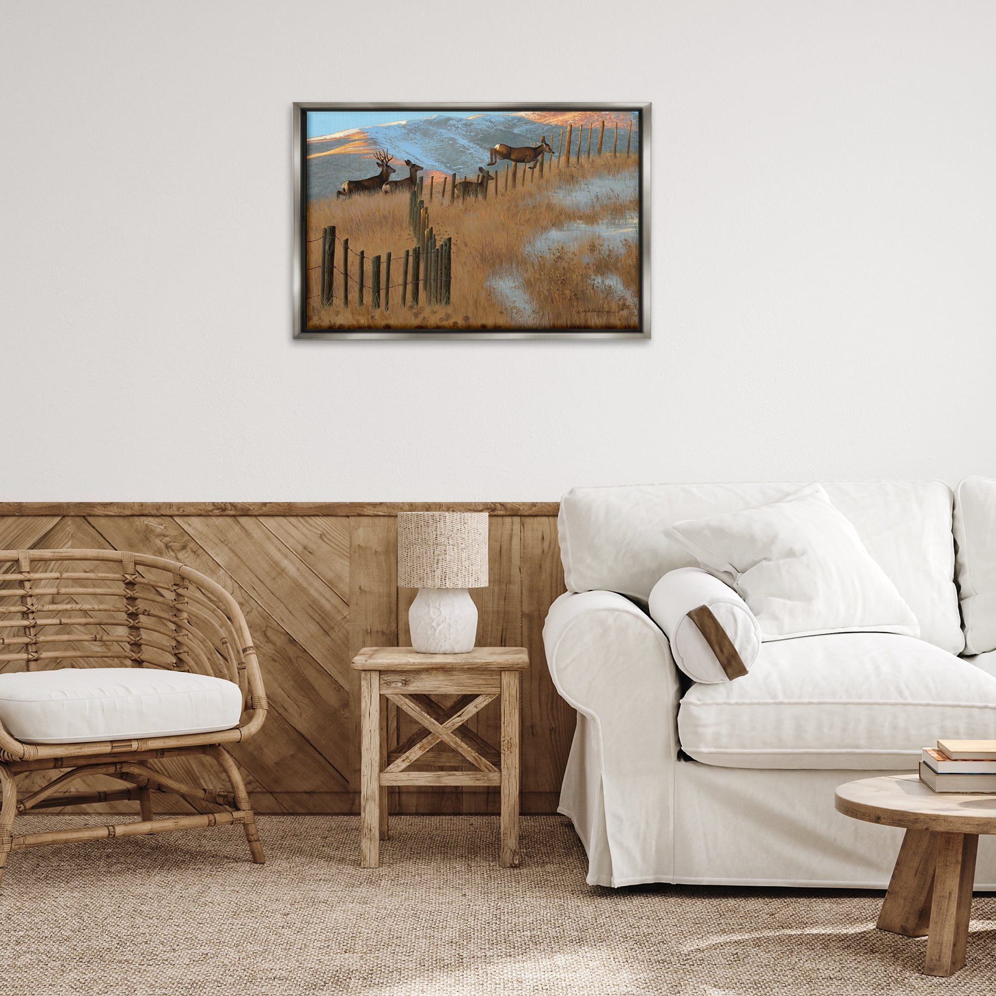 Stupell Industries Deer Jumping Country Fence Landscape & Nature Painting Gray Floater Framed Canvas Art Print Wall Art, 31 x 21