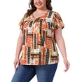 thumbnail image 4 of Blusa casual de verano para mujer de tallas grandes Agnes Orinda, con flores, volantes, plisada, escote en V y mangas cortas, 3X naranja, 4 of 6