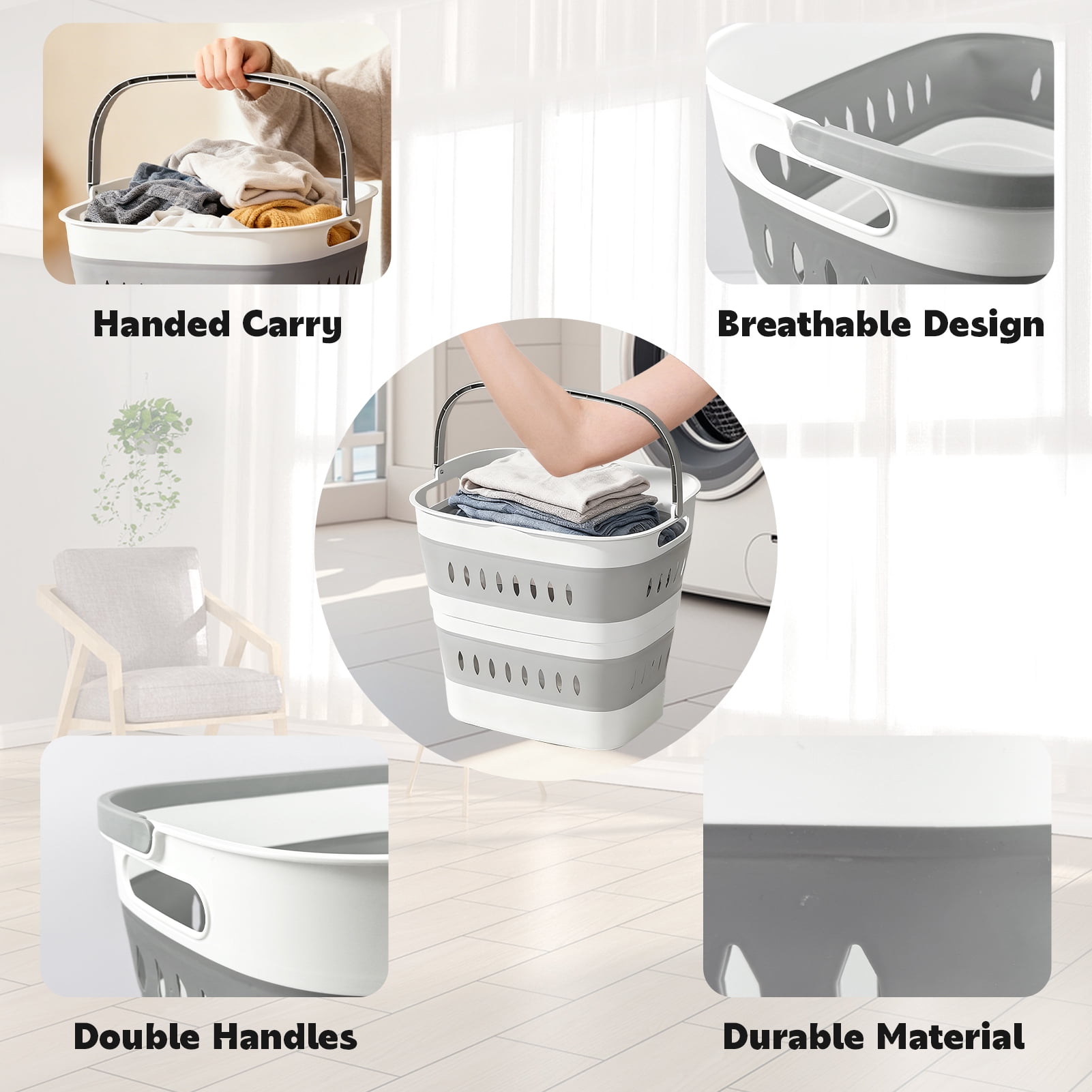 Godance Collapsible Laundry Baskets - Foldable Pop Up Laundry Hamper Plastic with Comfort Handles, 40 L Foldable Clothes Hamper for Laundry, Space Saving Pop-Up Storage Container/Organizer (Grey)