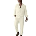 thumbnail image 3 of BiZtdJrK Mens 2 Piece Cotton Linen Outfits Long Sleeve Button Down Casual Shirts and Lounge Pants Summer Vacation Sets with Pockets Beige M, 3 of 7