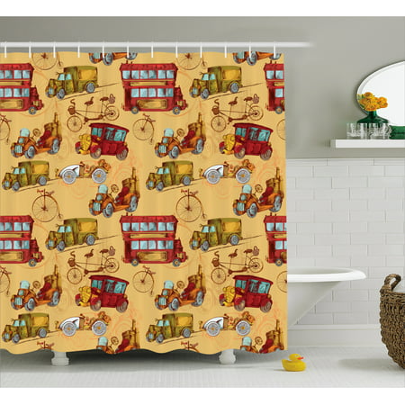 Cars Shower Curtain, Steampunk Inspired Vintage Means of Transportation Colorful Retro Design, Fabric Bathroom Set with Hooks, 69W X 70L Inches, Mustard Red Olive Green, by