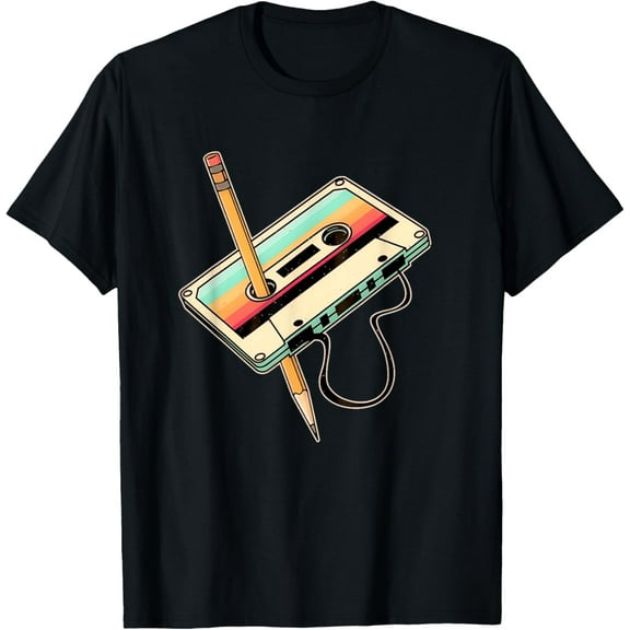 Retro Vintage Cassette Tape Pencil 70s 80s 90s Music Mixtape T-ShirtMen and women, Black T-shirt, size: Extra large