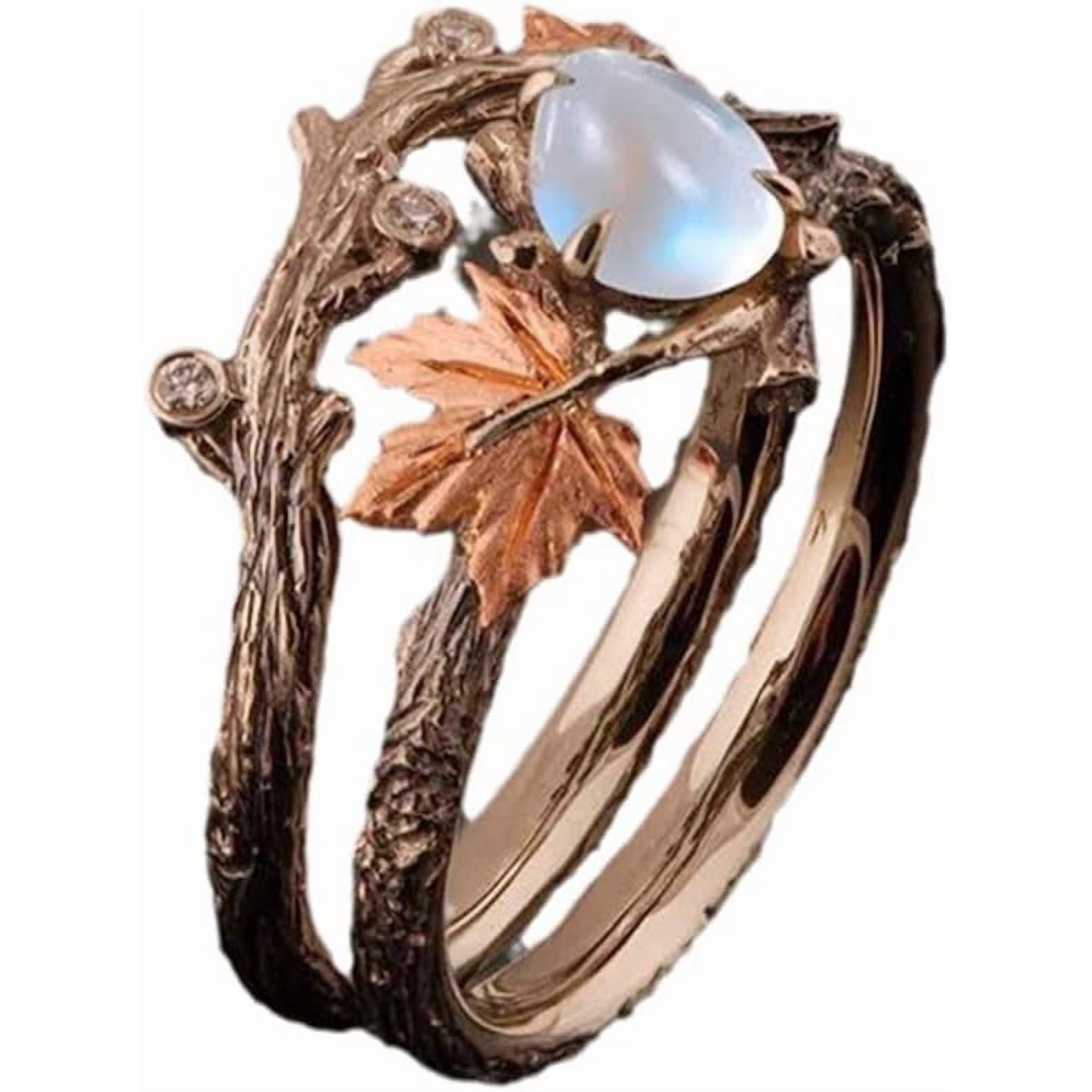 Vintage CZ Mapel Leaf Branch Promise Ring for Women Antique Gold-Toned Moonstone Opal Teardrop Statement Layered Wrap Finger Rings Retro Wedding Engagement Party Jewelry Size 7