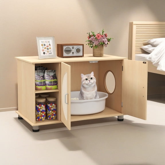 Pefilos 32" Cat Litter Box Enclosure Furniture with Sisal Scratching Doors, Sturdy Wood Cat Washroom Storage, Fit Most of Litter Box, Beige