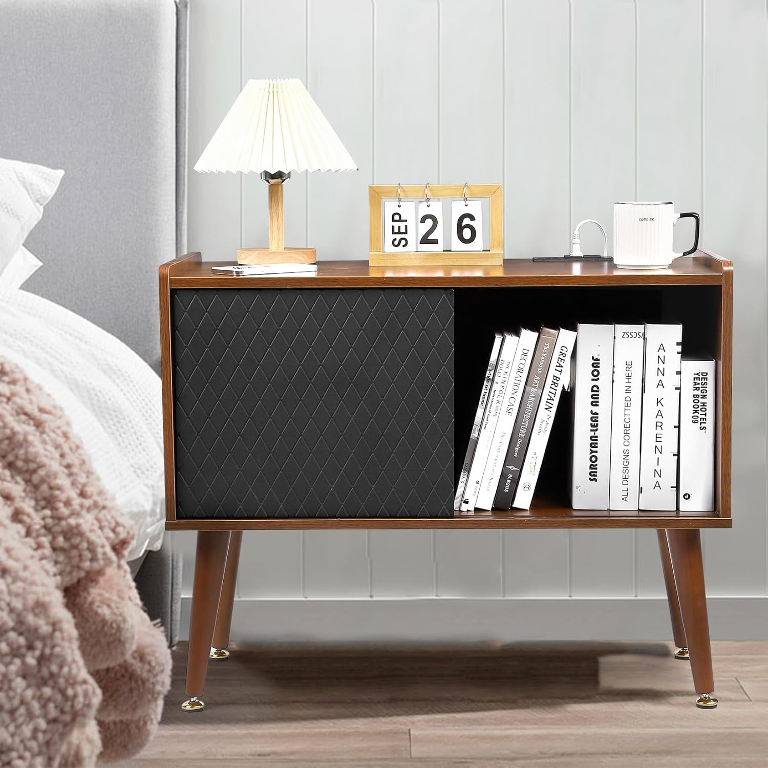 Essential Picks Elegant Record Player Stand with Vinyl Storage – Holds Up to 300 Albums, Built-In Charging Station, and Sliding Door Cabinet for Living Room & End Table Use