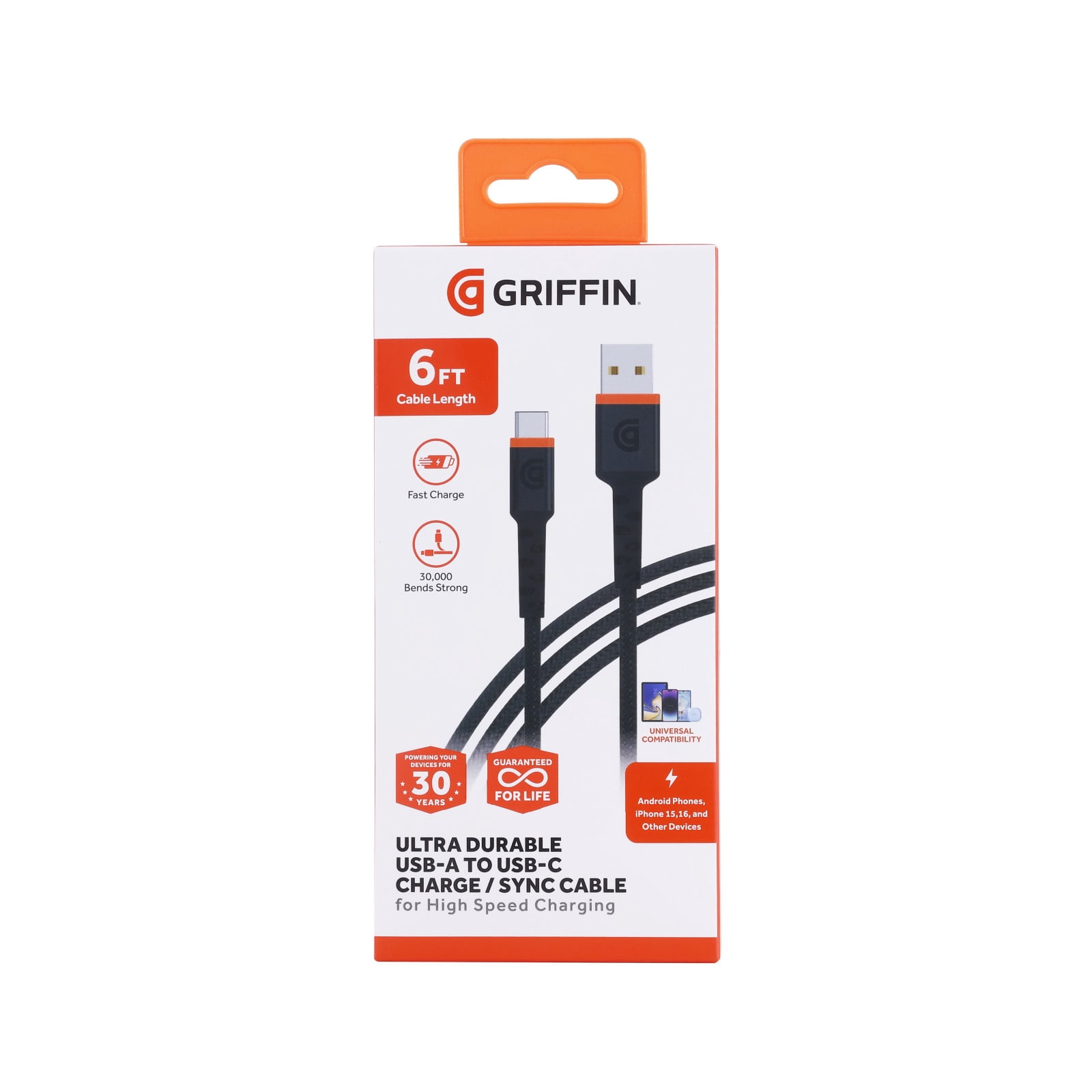 Griffin 6ft Ultra Durable USB-C Type High-Speed Charging Cable – Fast Charging, 30,000 Bends Strong, Compatible with Android, iPhone 15 & 16, Tablets, USB-C Device, USB-A to USB-C Charge & Sync Cable