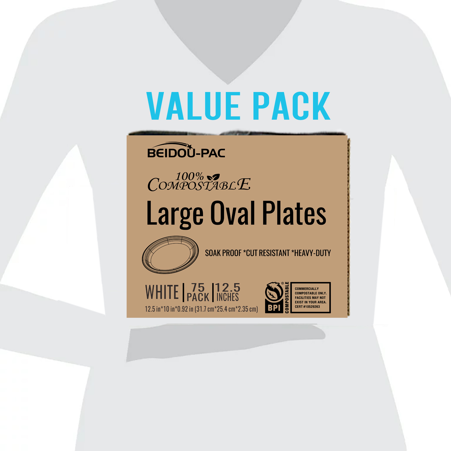 BEIDOU-PAC Compostable Heavy Duty Disposable Oval Paper Plates, 75 Count | 12.5 Inch | Natural Bagasse, Biodegradable Eco-Friendly Sugarcane BBQ, Party, Gathering, Picnic White Sugarcane Tray