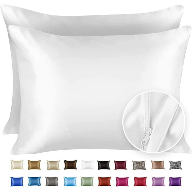 Luxury Satin Pillowcase for Hair and Skin Standard Satin Pillow Cases with Zipper, White (2 per