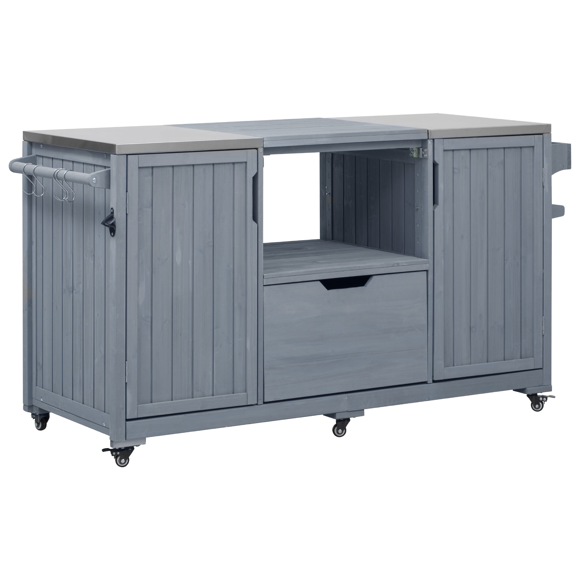 Aukfa 66.5" Outdoor Kitchen Island with Stainless Steel Top, Solid Wood BBQ Grill Cart for Big Green Egg,Blue