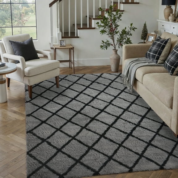 WIPONKEN 4x6 Checkered Shag Rug for Living Room Bedroom Dining Room Office Farmhouse, Washable Noneslip Area Rug Soft Indoor Fluffy Rugs, Gray