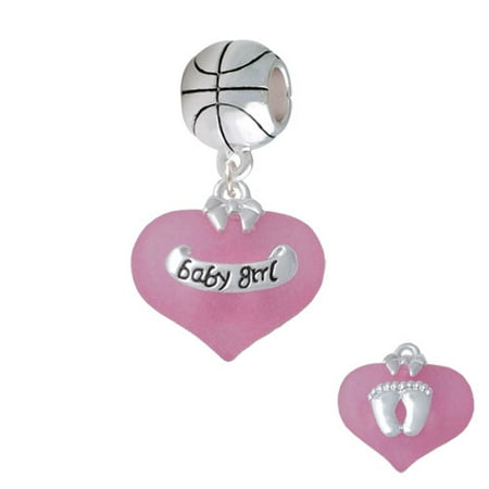 Baby Girl Pink Heart with Baby Feet - Basketball Charm Bead