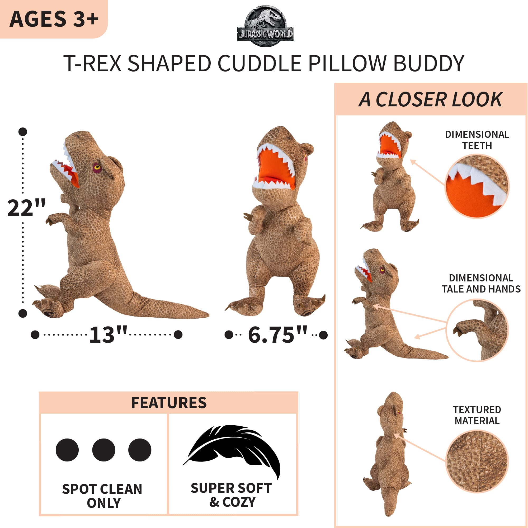 Jurassic World Tyrannosaurs Rex, T-Rex Dinosaur Plush Large Pillow