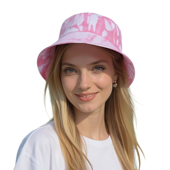Summer Fisherman Hat Outdoor Travel Tie Dye Bucket Hat with Wide Brim Casual Sun Protection - Pink