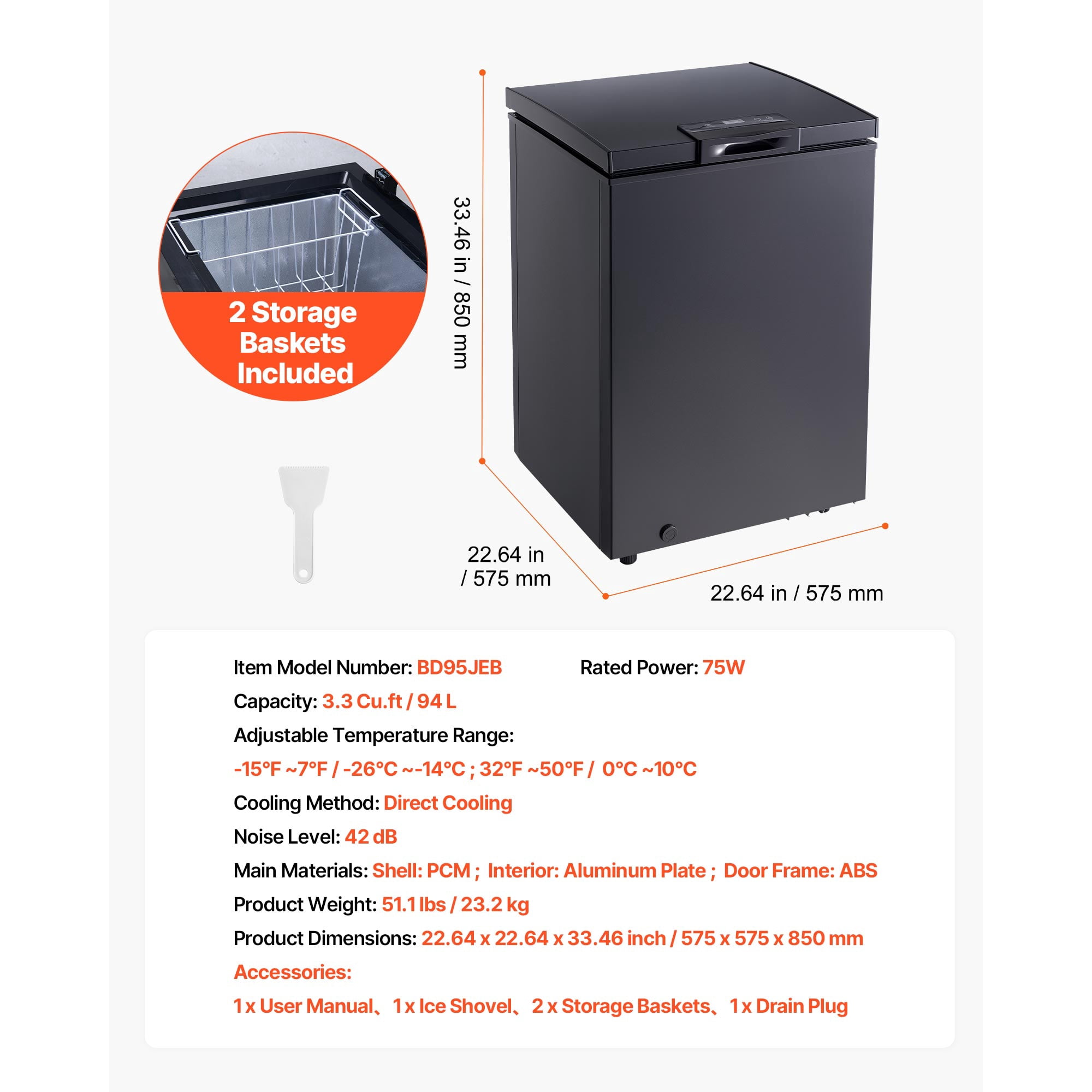 KFFKFF 3.3 Cu.ft Compact Chest Freezer, Freestanding Deep Freezer with Top-Opening Door, Includes 2 Removable Baskets & Adjustable Temperature Control - Energy Efficient, Quiet Operation, Black