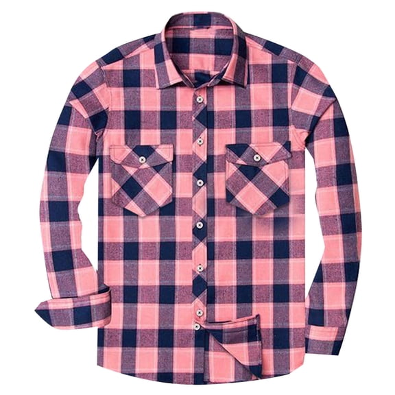 Penkiiy Men's Flannel Plaid Shirt Long Sleeve Button Down Shirt Cotton Casual Lightweight Shirt Jacket 3XL Pink