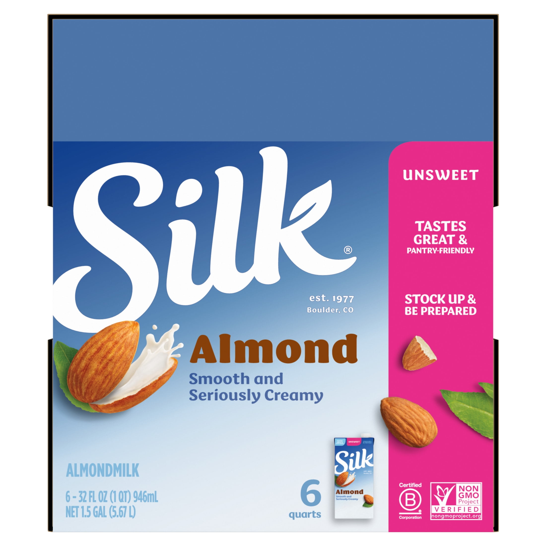 Silk Shelf Stable, Dairy Free, Lactose Free, Gluten Free, Unsweetened Almond Milk, 32 fl oz Quart, 6 Count