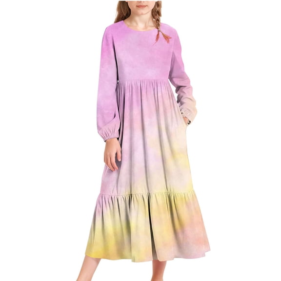 Fesfesfes Girls Long Sleeve Dress with Pockets Solid Color Striped Maxi Dress Round Neck Casual Play Dress for Big Kids Toddler Childrens Party Wear Holiday Outfit Everyday(Yellow#1,14-15 Years)