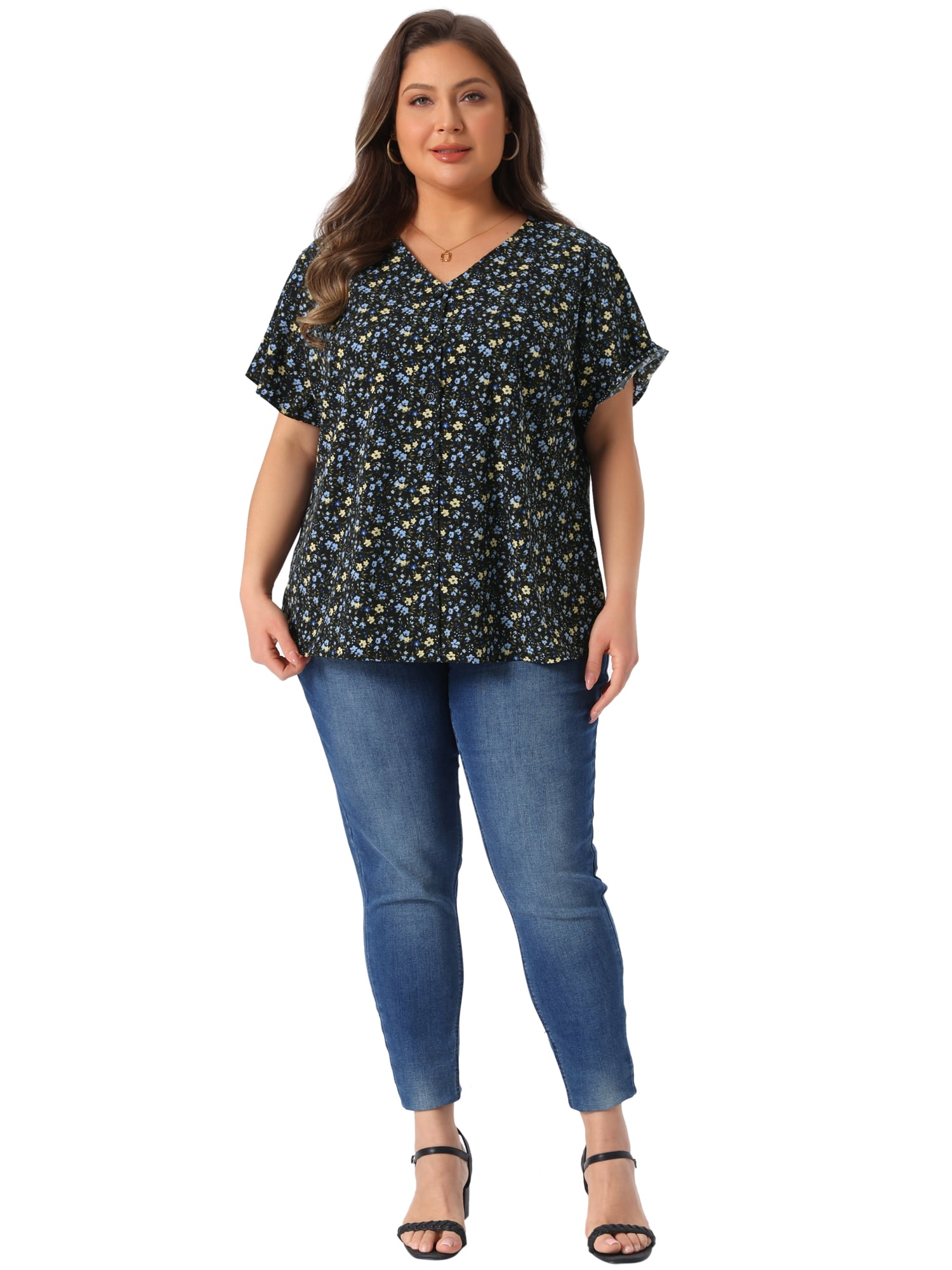 DARING DIVA Women's Plus Size V Neck Button Short Sleeve Floral Shirts 3X Black Blue