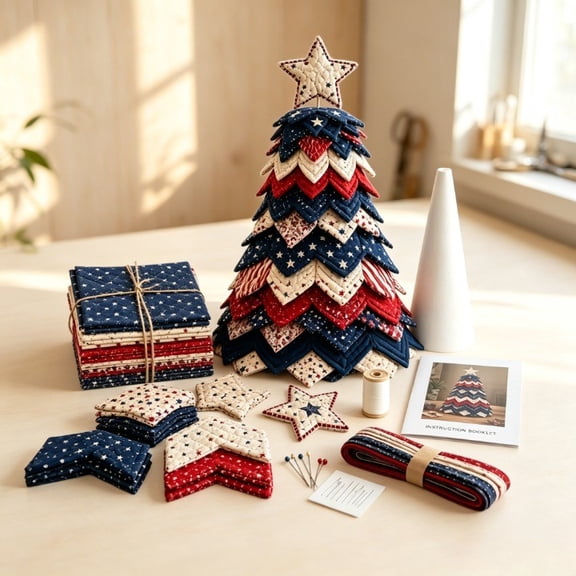 Americana Christmas Tree Quilt Kit, Christmas Patchwork Fabric DIY Decor Kit, Quilted Tree Kit for Adult Beginner, Nostalgic Christmas Craft for Quilting Lovers(1 Pc)