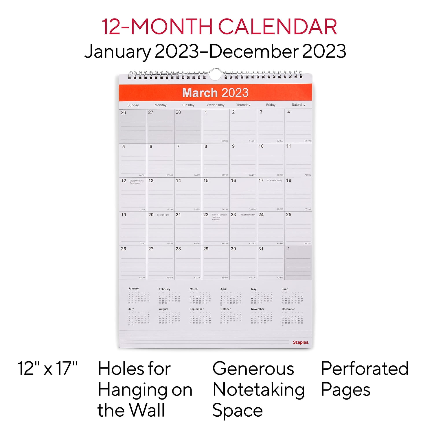 2023 Staples Wall Calendar 12x17 White Red France Ubuy