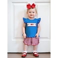 thumbnail image 6 of BemeyourBBs Toddler Baby Girl 4th of July Outfit Patriot Fourth of July Summer Independence Day Clothes American Flag Heart Embroidered Backless Flying Sleeve T shirt Tops Plaid Ruffle Shorts Set, 6 of 9