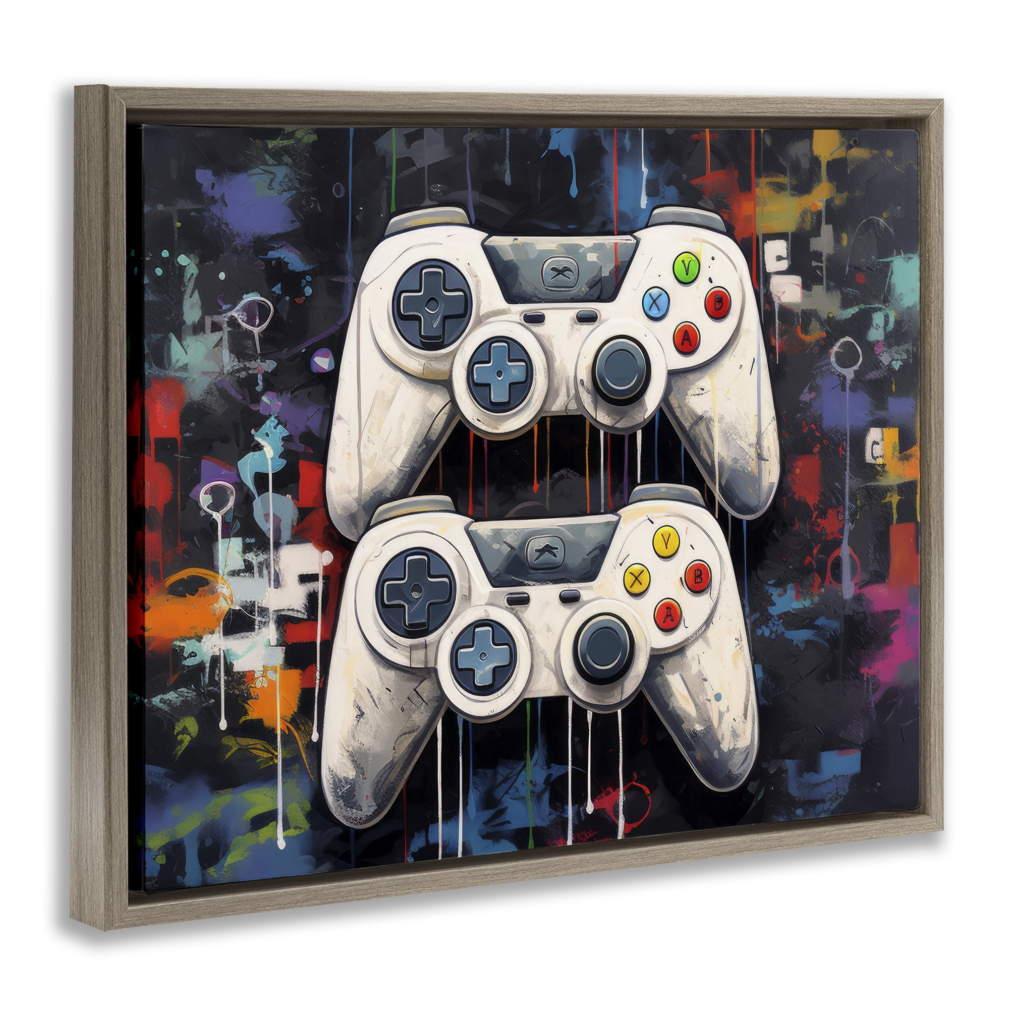 Stupell Industries Joystick Journeys with Paint Splatter Brown Framed Floater Canvas Wall Art, design by Lazar Studio