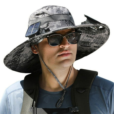 AQRS Men Fisherman Hat with 2 Solar Fan Large Brim Windproof Strap USB Charging Anti UV Sunlight Quick Dry Great Breathability Outdoor Fishing Camping Travel Cap