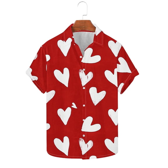 MOJOGO Men's Heart Print Tops Loose Short Sleeve Shirt Lightweight Fashion Spring Summer Tops Button Down Shirts Red XL