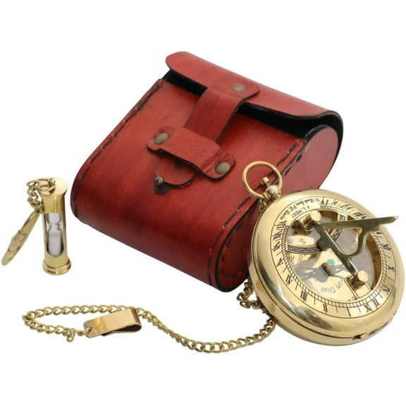 Vintage Brass Sundial Compass with Leather Case - Antique Brass & Copper Sun Clock for Camping, Hiking, Touring - Engraved Gift for Him - Nautical Ship Replica Watch - Sundial Clock in Box