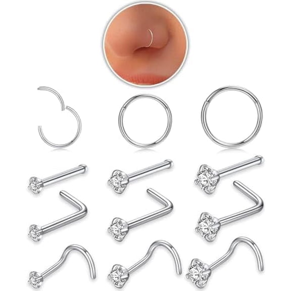 18g Nose Rings Hoop and 20g Nose Studs Sets for Women Men,Hypoallergenic 316L Surgical Stainless Steel Hinged Clicker Segment Nose Rings Hoop Helix