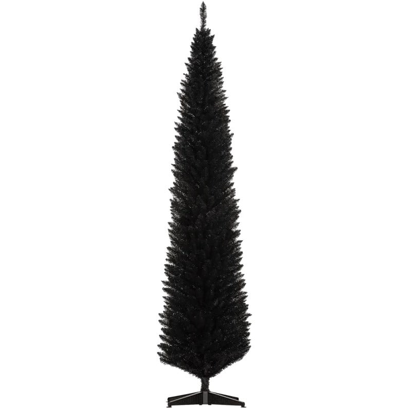 8ft Unlit Black Pencil Christmas Tree 618 Tips Easy Assembly Plastic Base Small Space Holiday Decor