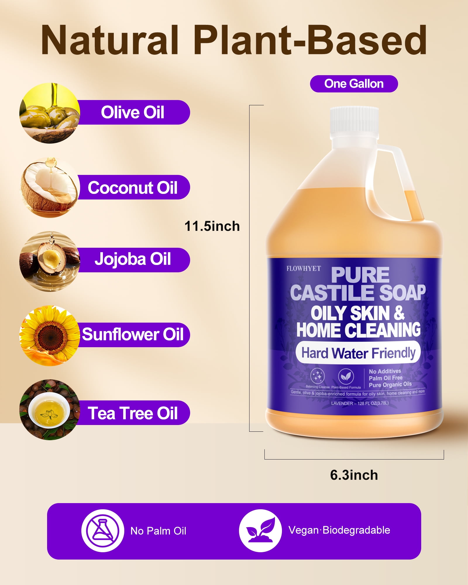 Pure Castile Soap Liquid Lavender 1 Gallon (128 fl oz) Refill – Natural Organic Body Wash, Hard Water Friendly Bath Soap Liquid for Oily Skin,Body,Face, Laundry & Home Cleaning