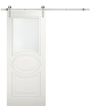 Modern Barn Door 42 x 80 inches Opaque Glass / Mela 7012 Matte White / Stainless Steel 8FT Rail Track Set / Solid Panel Interior Doors