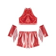 thumbnail image 4 of inlzdz Kids Girls Jazz Latin Dance Outfits Sequin Halter Crop Tops with Shorts Tassel Gloves Dancewear Red 10, 4 of 7