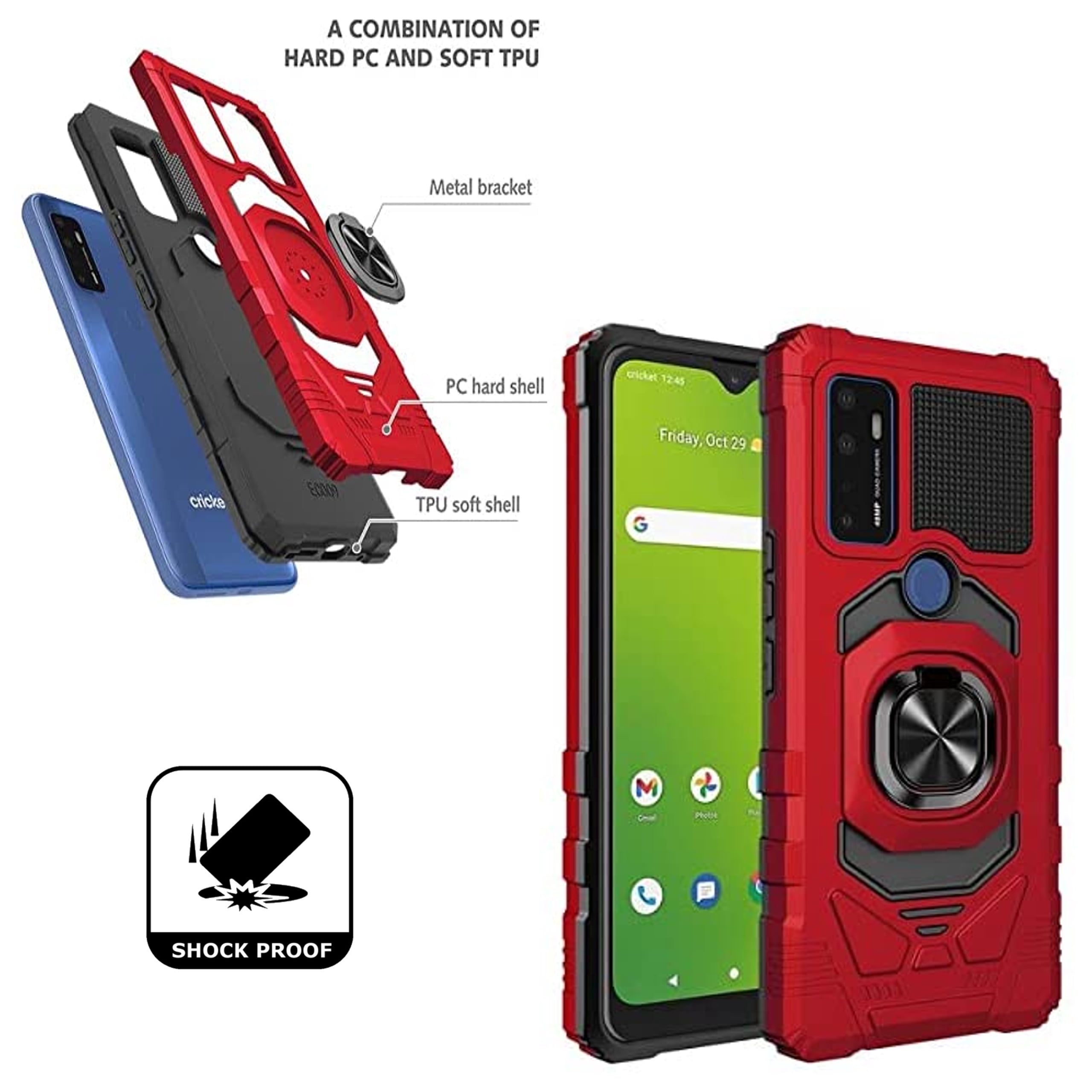 Xpression Phone Case For TCL K24 /TCL K23 Hybrid Magnetic Car Mount Ring Kickstand Stand Holder Full-Body Armor Protective [Military Grade] Cover, Red