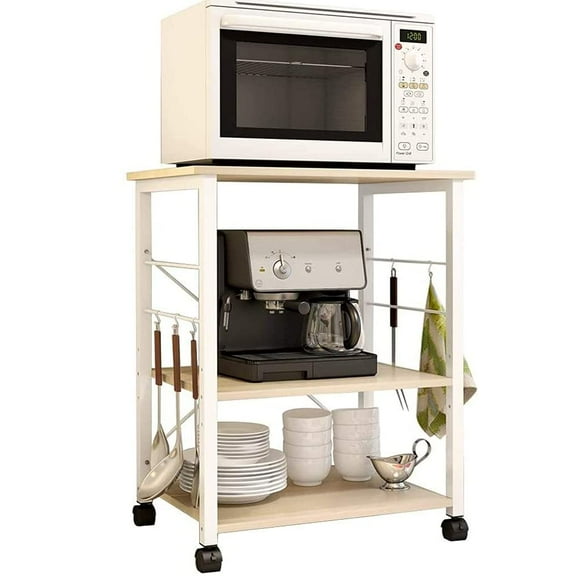 DlandHome Étagères de Boulanger Autoportantes Table d'Appareils Petit Chariot de Cuisine Roulant Support de Micro-Ondes, Étagère de Cuisine à 3 Niveaux Chariot Utilitaire Support de Micro-Ondes Étagère de Cuisine, W4-Érable